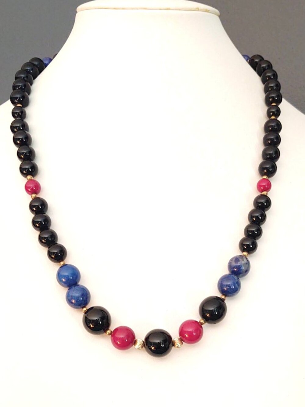 Vintage black, blue and maroon beaded necklace